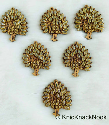 Peacock Shaped Wood Buttons With Clear Kundan Beads, Decorative Buttons, Carved Buttons